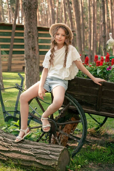 Carefree tween menina sentada no velho carrinho de madeira decorado como canteiro de flores na propriedade rural na floresta — Fotografia de Stock