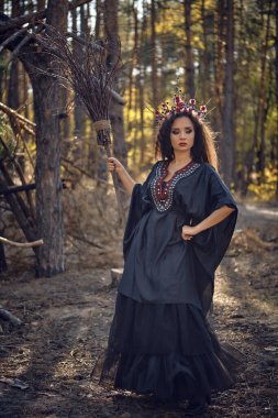 Siyah saçlı, uzun elbiseli, uzun saçlı bir cadı. Çam ormanında süpürgeyle poz vermek. Büyü, büyü ve büyücülük. Tam boy portre.