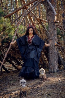 Siyah saçlı, uzun elbiseli, uzun saçlı bir cadı. Süpürge ve kafatası ile çam ormanında poz vermek. Büyü, büyü ve büyücülük. Tam uzunluk.