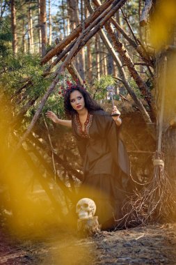 Siyah saçlı, uzun elbiseli, uzun saçlı bir cadı. Süpürge ve kafatası ile çam ormanında poz vermek. Büyü, büyü ve büyücülük. Tam uzunluk.