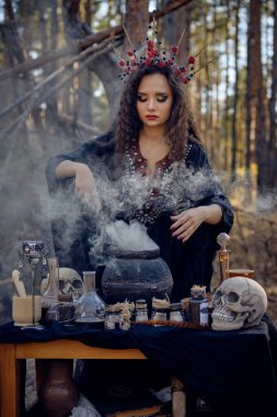 Siyah saçlı, uzun elbiseli, uzun saçlı bir cadı. Çam ormanında poz vermek. Sihirli iksir yapıyorum. Büyüler ve büyüler. Yakın çekim, duman..
