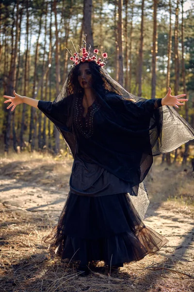 Häxa i svart, lång klänning, med röd krona i hennes långa hår under en svart slöja. Possar i tallskog. Trollformler, magi och häxeri. Full längd. — Stockfoto