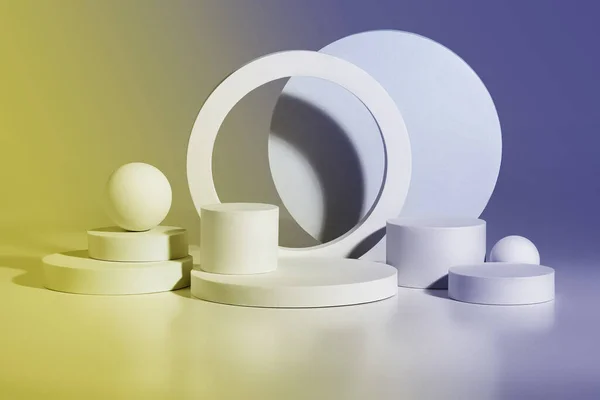 Toned image of podium mockup for displaying product of cylinders, rings and balls — Stock Photo, Image