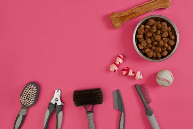 Pembe arka plan üstünde belgili tanımlık köpek damat için aksesuarlar. Tarak ve köpekler için fırçalar. Üstten Görünüm. Natürmort. Uzay kopyalayın. Düz yatıyordu