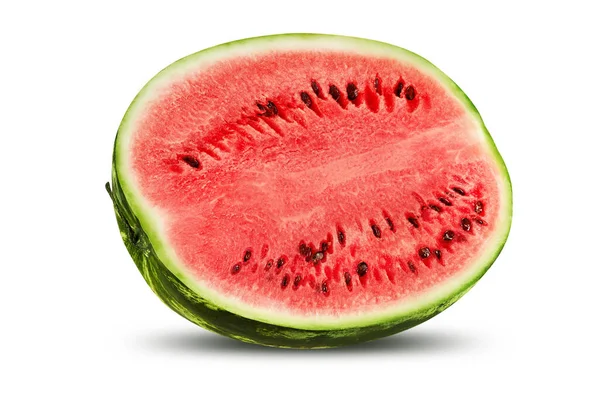 Half Green Striped Delicious Watermelon Cross Section Isolated White Background — Stock Photo, Image