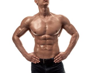 Telif uzayı olan beyaz arka planda bir erkek vücudu parçası. Beyaz arkaplanda izole.