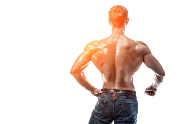 Starkes Athletisches Fitnessmodel Das Rückenmuskeln Posiert Trizeps Über Weißem Hintergrund — Stockfoto
