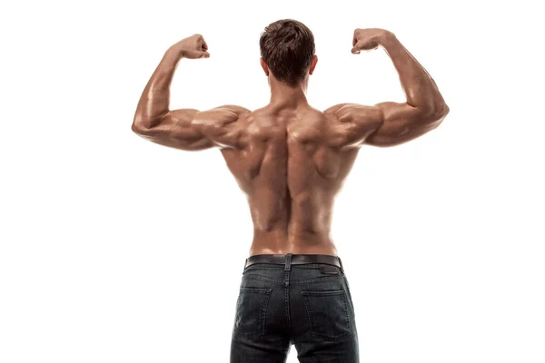 Silny Atletic Man Fitness Model Pozowanie Mięśnie Pleców Triceps Białym — Zdjęcie stockowe