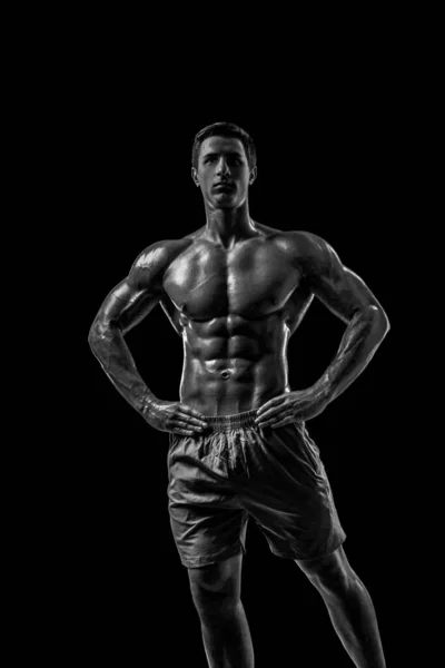 Muscular Fit Young Bodybuilder Fitness Male Model Posing Black Background — Stock Photo, Image