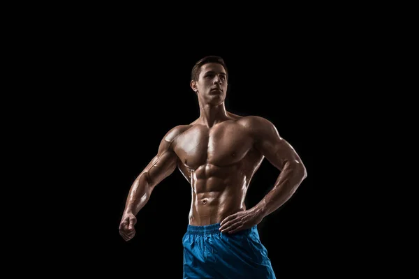 Muscular Fit Young Bodybuilder Fitness Male Model Posing Black Background — Stock Photo, Image