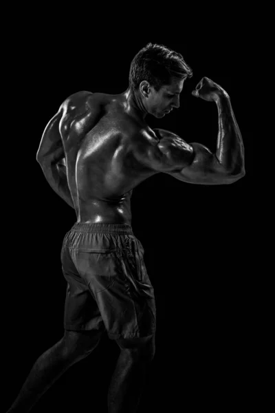 Strong Athletic Man Fitness Model Posing Back Muscles Triceps Black — Stock Photo, Image