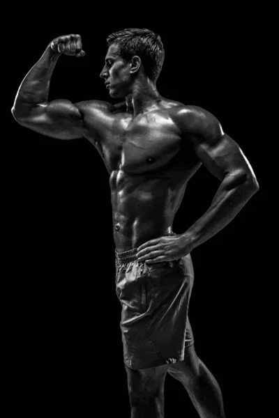Muscular Ajuste Jovem Fisiculturista Fitness Modelo Masculino Posando Sobre Fundo — Fotografia de Stock