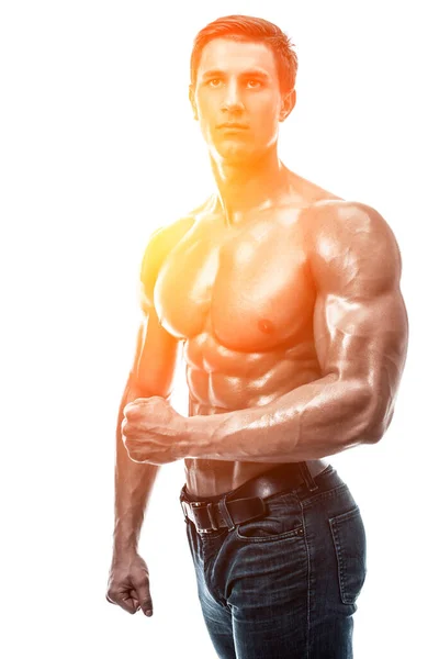 Muskulös Aussehender Junger Mann Mit Nacktem Oberkörper Vereinzelt Auf Weißem — Stockfoto