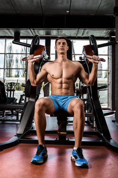 Tense Muscles Hands Load Man Doing Exercise Biceps Gym Work — Stock Photo, Image