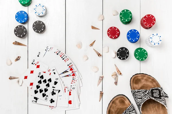 Post blog social media poker. View from above with copy space. Banner template layout mockup for online casino. Wooden white table, top view on workplace. Banner for online casinos and gambling