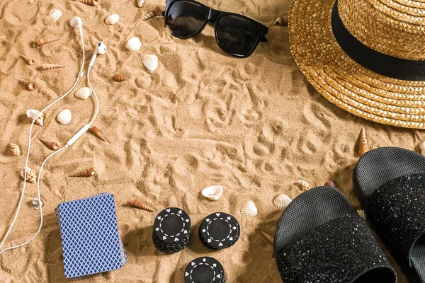 Beachpoker Chips Cards Sand Seashells Sunglasses Flip Flops Top View — Stock Photo, Image