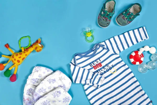 Baby Clothing Toiletries Toys Health Care Accessories Blue Background Wish — Fotografia de Stock