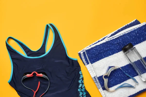 Flat Lay Summer Pool Accessories Blue Swimwear Red Gray Swimming — Foto de Stock