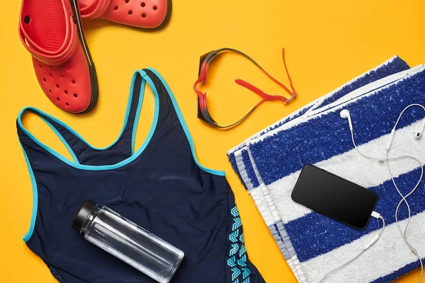 Flat Lay Summer Pool Accessories Blue Swimwear Red Swimming Goggles — Stock Fotó