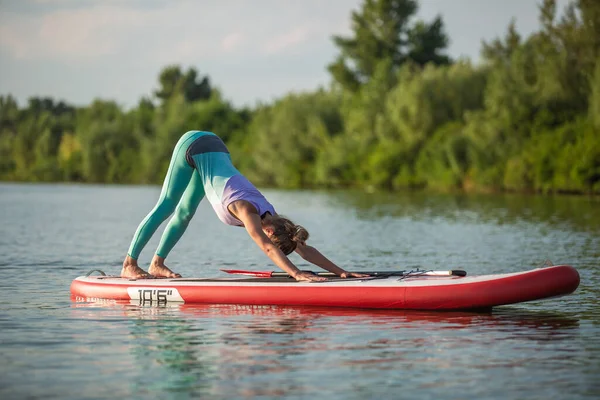 Jovem Mulher Está Fazendo Ioga Stand Paddle Board Sup Belo — Fotografia de Stock