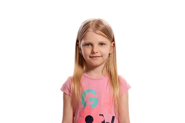 Close Portrait Nice Blonde Little Girl Long Hair Pink Shirt — Foto Stock