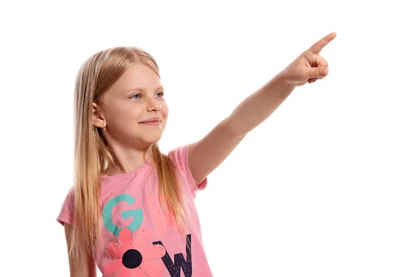 Close Portrait Cheerful Blonde Child Long Hair Pink Shirt Pointing — Foto de Stock