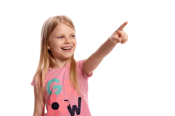 Close Portrait Cheerful Blonde Little Girl Long Hair Pink Shirt — 图库照片