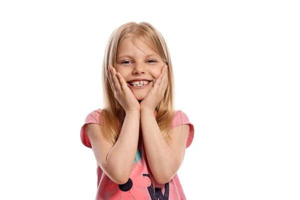 Close Portrait Lovely Blonde Little Female Long Hair Pink Shirt — Photo