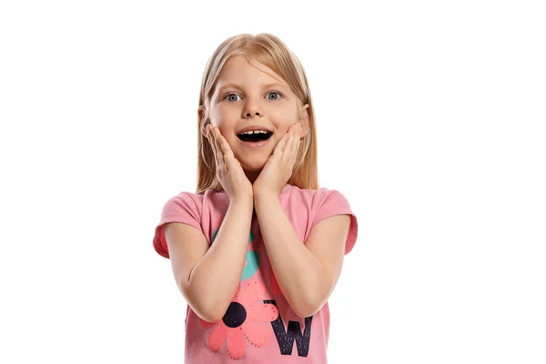 Close Portrait Lovely Blonde Little Lady Long Hair Pink Shirt — Stock fotografie