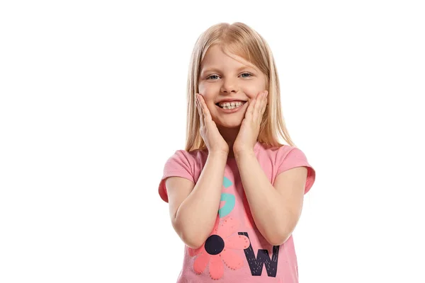 Close Portrait Lovely Blonde Kid Long Hair Pink Shirt Looking — Photo