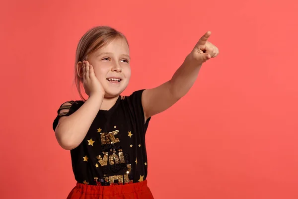 Close Shot Beautiful Blonde Child Combined Dress Pointing Something Smiling — Stockfoto