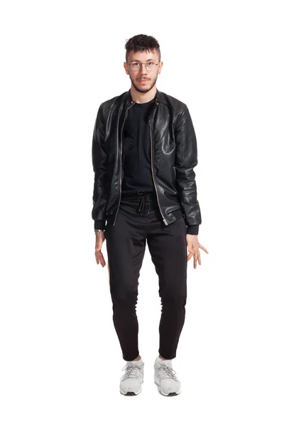 Full Length Photo Modern Performer Glasses Black Leather Jacket Shirt — Stok fotoğraf