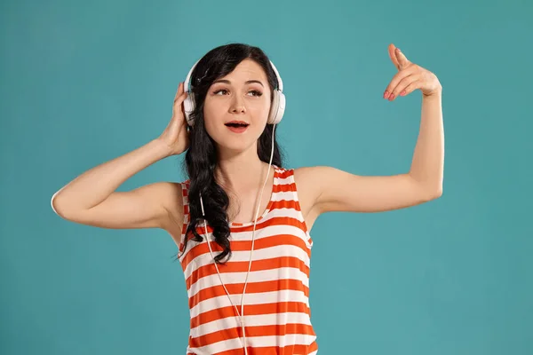 Studio Photo Attractive Teeny Girl Wearing Casual Red White Striped —  Fotos de Stock