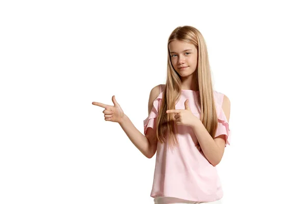 Studio Portrait Attractive Blonde Schoolgirl Pink Shirt Isolated White Background — 스톡 사진