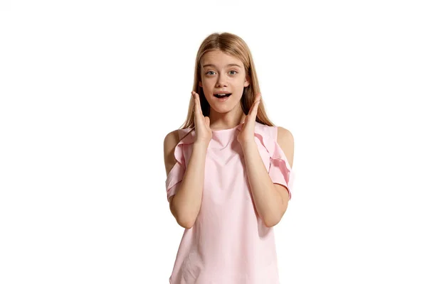 Studio Portrait Attractive Blonde Teenage Girl Pink Shirt Isolated White — Zdjęcie stockowe