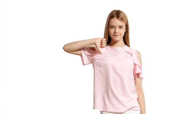 Studio Portrait Charming Blonde Schoolgirl Pink Shirt Isolated White Background — Stockfoto