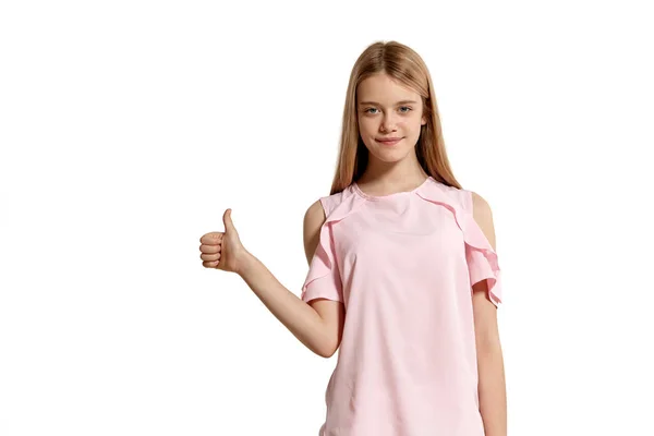 Studio Portrait Charming Blonde Teenage Girl Pink Shirt Isolated White — 스톡 사진