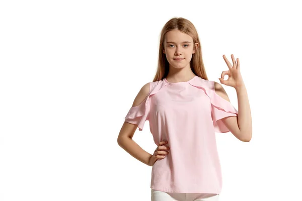 Studio Portrait Beautiful Blonde Schoolgirl Pink Shirt Isolated White Background — Φωτογραφία Αρχείου