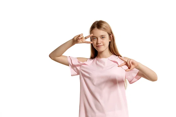 Studio Portrait Beautiful Blonde Teenage Girl Pink Shirt Isolated White — Φωτογραφία Αρχείου