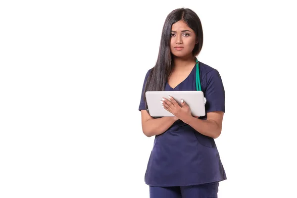 Pleasant Doctor Stethoscope Looking Camera Medical History Her Hands Isolated — Photo