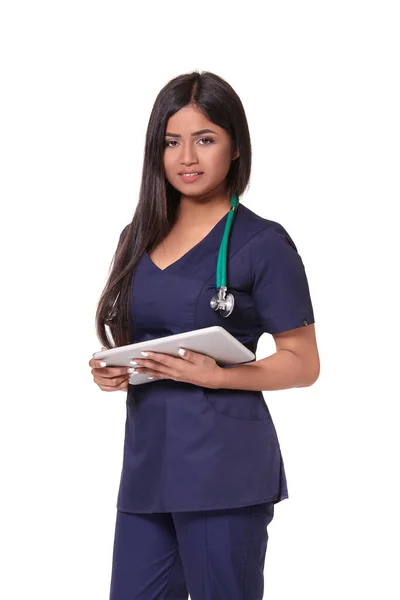 Pretty Doctor Blue Robe Stethoscope Her Hands Looking Camera Isolated — Fotografia de Stock