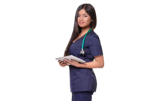 Young Beautiful Doctor Blue Robe Stethoscope Her Hands Staning Sideways — Stockfoto