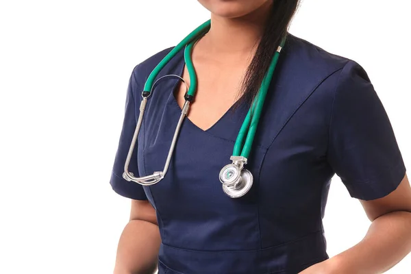 Beautiful Young Doctor Stethoscope Blue Medical Outfit Isolated White — 스톡 사진