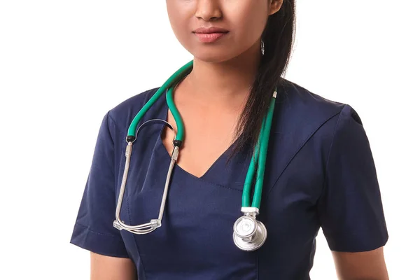Charming Young Doctor Stethoscope Blue Medical Outfit Isolated White — Foto de Stock