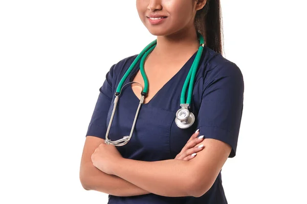 Beautiful Young Doctor Stethoscope Dazzling Smile Crossed Her Hands Isolated — 图库照片