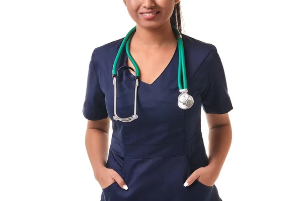 Beautiful Young Doctor Stethoscope Dazzling Smile Put Her Hands Pockets — Stock Fotó