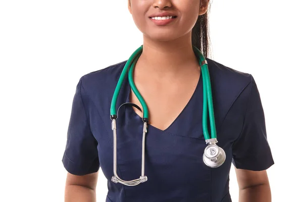 Beautiful Young Doctor Blue Medical Outfit Stethoscope Dazzling Smile Isolated — Photo