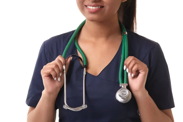 Beautiful Young Doctor Blue Medical Outfit Holding Her Stethoscope Smiles — Stockfoto