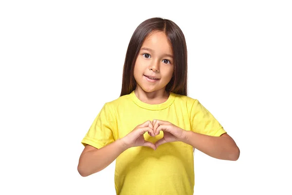 Little Girl Her Hands Heart Shaped Isolated White Background —  Fotos de Stock