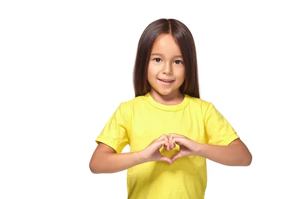 Little Girl Her Hands Heart Shaped Isolated White Background —  Fotos de Stock